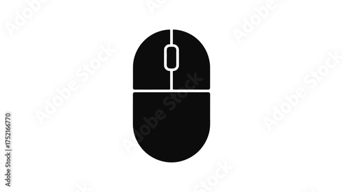 Simple black silhouette of a computer mouse with scroll wheel and buttons on a white background