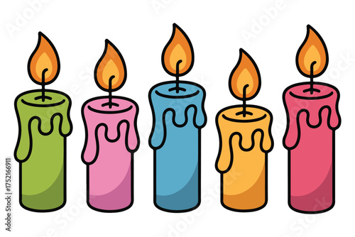 Colorful burning candle set illustration with melting wax and flame on white background
