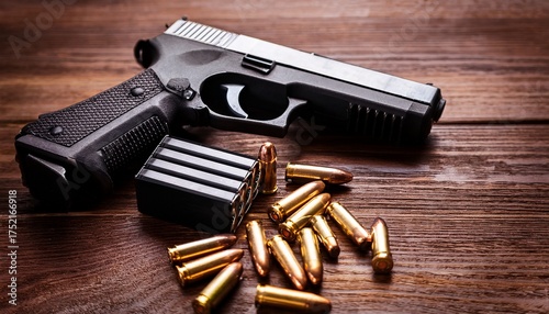 loading handgun magazine bullets and pistol background charging gun