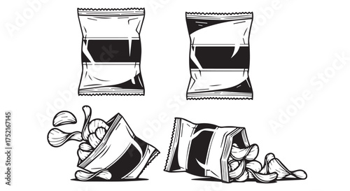 Illustration of potato chip bags, some open and spilling chips, isolated on transparent background
