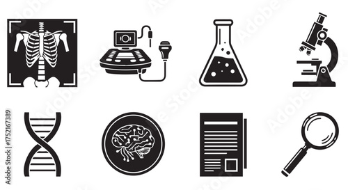 Medical and scientific research icons isolated on transparent background