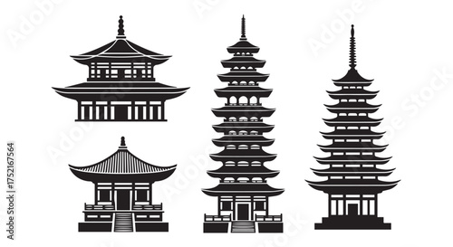 Traditional japanese pagodas and temple architecture isolated on transparent background