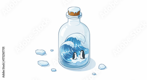 Charming illustration of a bottle containing a miniature ocean with two penguins and ice floes, evoking a sense of wonder and isolation