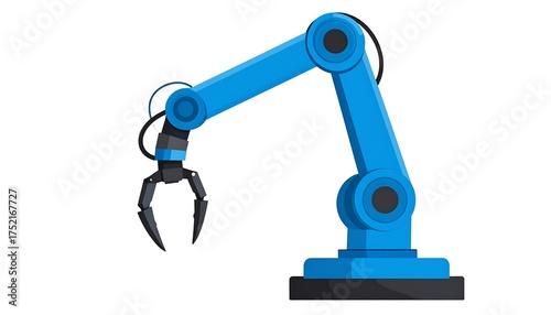 A blue robotic arm with a gripper, isolated on a white background