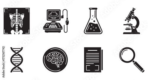 Medical and scientific research icons in black and white isolated on transparent background