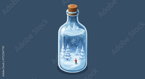 Miniature Winter Wonderland Captured Inside a Glass Bottle with a Tiny Figure Observing the Scene