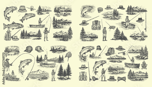 Vintage hand drawn sketch collection of fishing scenes and outdoor activities