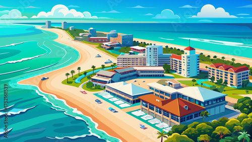 Very beautiful aerial view of Indian Rocks Beach, Florida, showing turquoise waters, golden sand, and resort hotels along the Gulf of Mexico under clear sunny skies.
