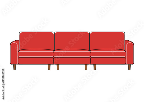 Front view of a red three-seater sofa. Furniture for interior design concept. Comfortable seating for home living room or business lounge.