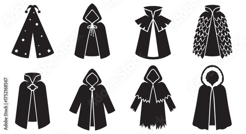 Assortment of black cloaks and hooded capes with various designs and embellishments isolated on transparent background