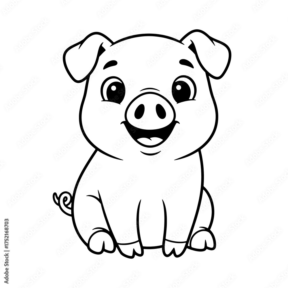 Fototapeta premium Friendly Cartoon Pig Coloring Page – Black Line Art on White