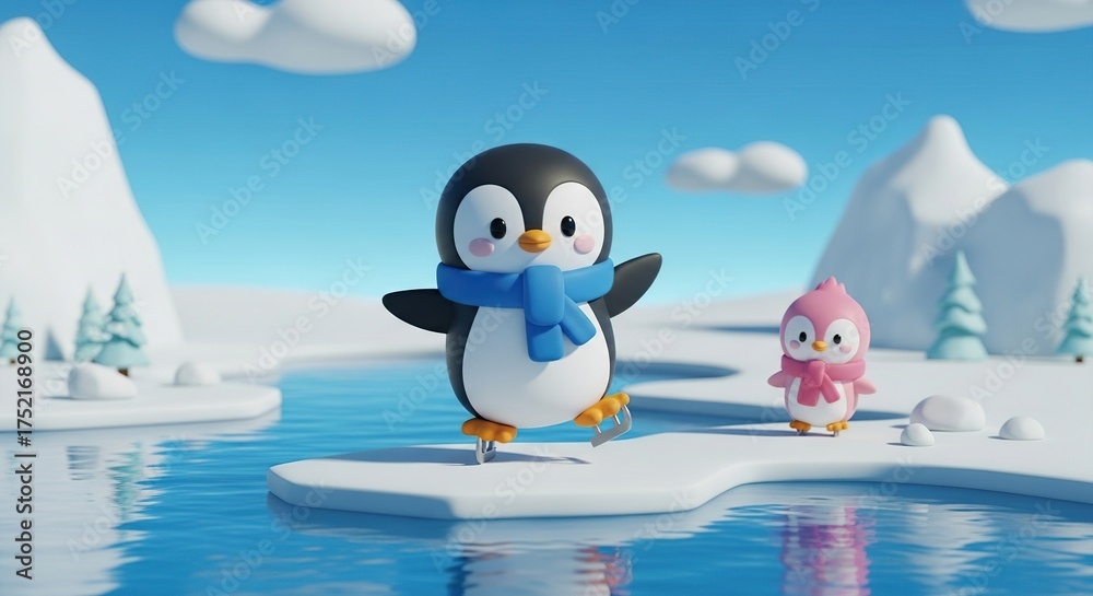 Obraz premium Cute cartoon penguins ice skating on a frozen pond in winter