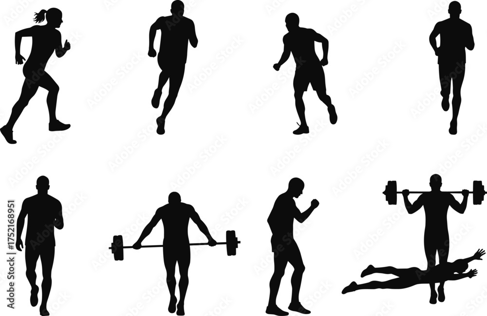 Naklejka premium Silhouette of athletes running, lifting weights, boxing, swimming, performing various sports and fitness training exercises, strength and endurance concept illustration