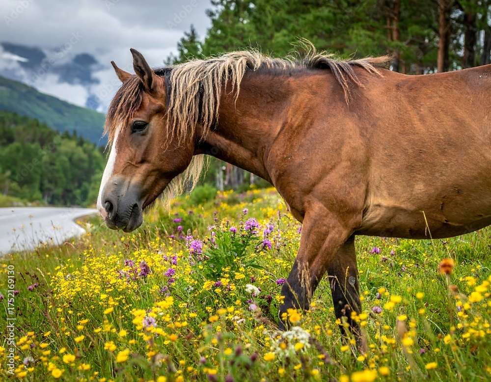 Fototapeta premium A brown horse grazes in a field of wildflowers near a road with a mountain backdrop