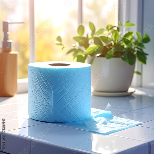 A blue roll of tissue sits on a tiled surface, with a plant & soap dispenser