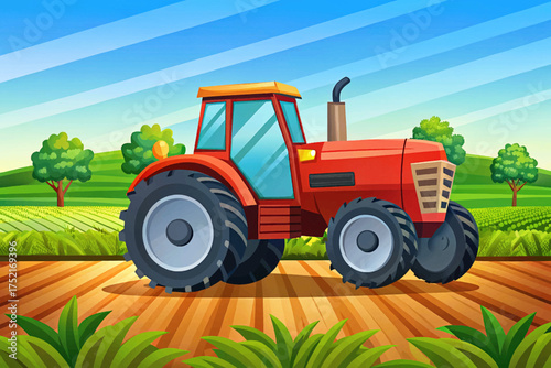 Modern red tractor in green field under blue sky powerful agricultural machine used for plowing, harvesting, and farm work.