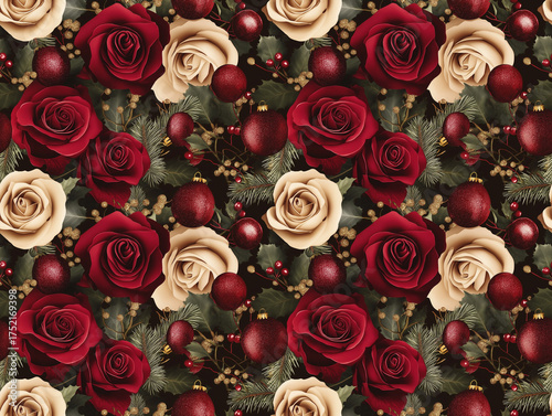 Wallpaper Mural Luxury Vintage Christmas Seamless Floral Pattern with Detailed Roses Ornaments and Evergreen Foliage Torontodigital.ca