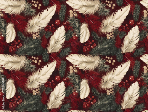 Wallpaper Mural Rich Velvet Christmas Winter Holiday Seamless Pattern with Fluffy Feathers Pine Branches and Berries Torontodigital.ca