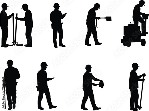 Silhouette of construction workers using measuring tools, surveying equipment, and instruments on site, teamwork concept, industrial engineering, professional fieldwork, accuracy