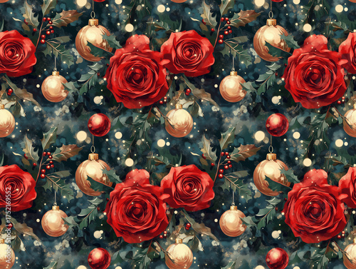 Wallpaper Mural Elegant Moody Christmas Seamless Pattern with Lush Red Roses Gold Ornaments Holly Berries and Pine Branches Torontodigital.ca