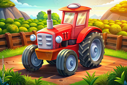 Modern red tractor in green field under blue sky powerful agricultural machine used for plowing, harvesting, and farm work.