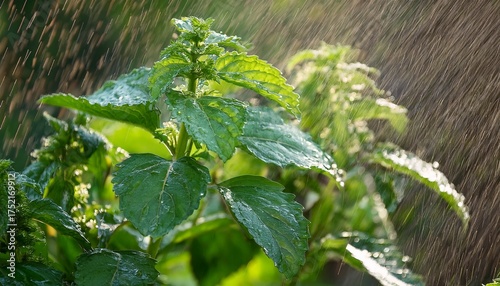a vibrant rain soaked patchouli plant showcasing rich green hues commonly utilized in fragrances aromatherapy and essential oils