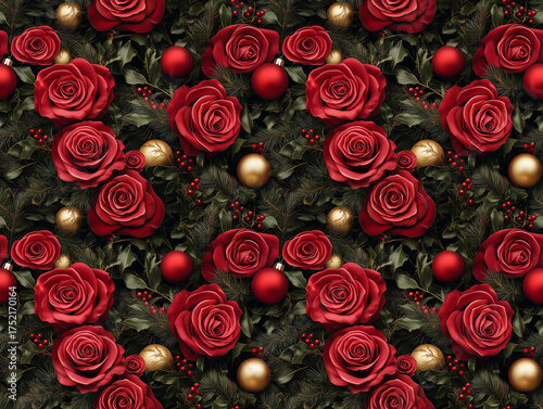 Wallpaper Mural Festive Luxury Winter Seamless Pattern with Classic Red Roses Gold Ornaments Stars and Lush Pine Tree Branches Torontodigital.ca