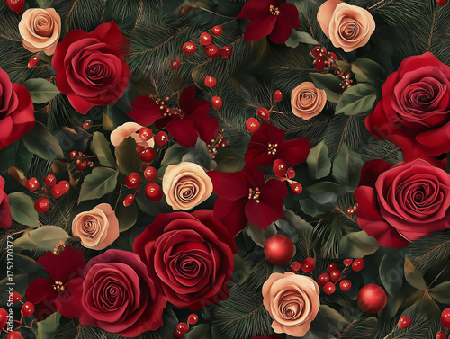 Wallpaper Mural Festive Luxury Winter Seamless Pattern with Classic Red Roses Gold Christmas Ornaments Stars and Lush Pine Tree Branches Torontodigital.ca