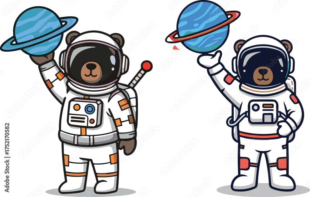 Obraz premium Two Cartoon Bear Astronauts Holding Planets On White Background