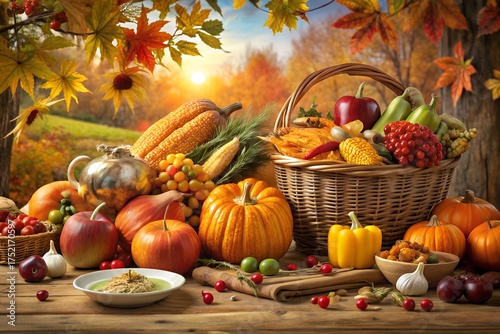 Beautiful Thanksgiving dinner setup with seasonal food traditional roasted turkey colorful vegetables cranberries pies warm lighting and rustic tableware symbolizing harvest gratitude family unity art