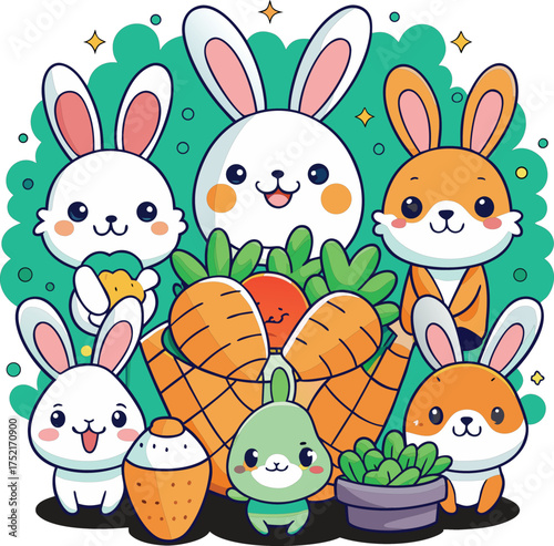 Cute kawaii easter bunnies with carrots and treats
