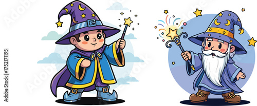 Two Cartoon Wizards Casting Spells with Wands magic
