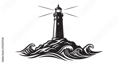Lighthouse on rocky island with waves, isolated on transparent background