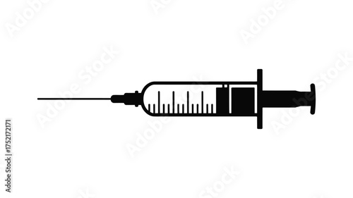 Black silhouette of a medical syringe with a sharp needle and liquid inside on a white background