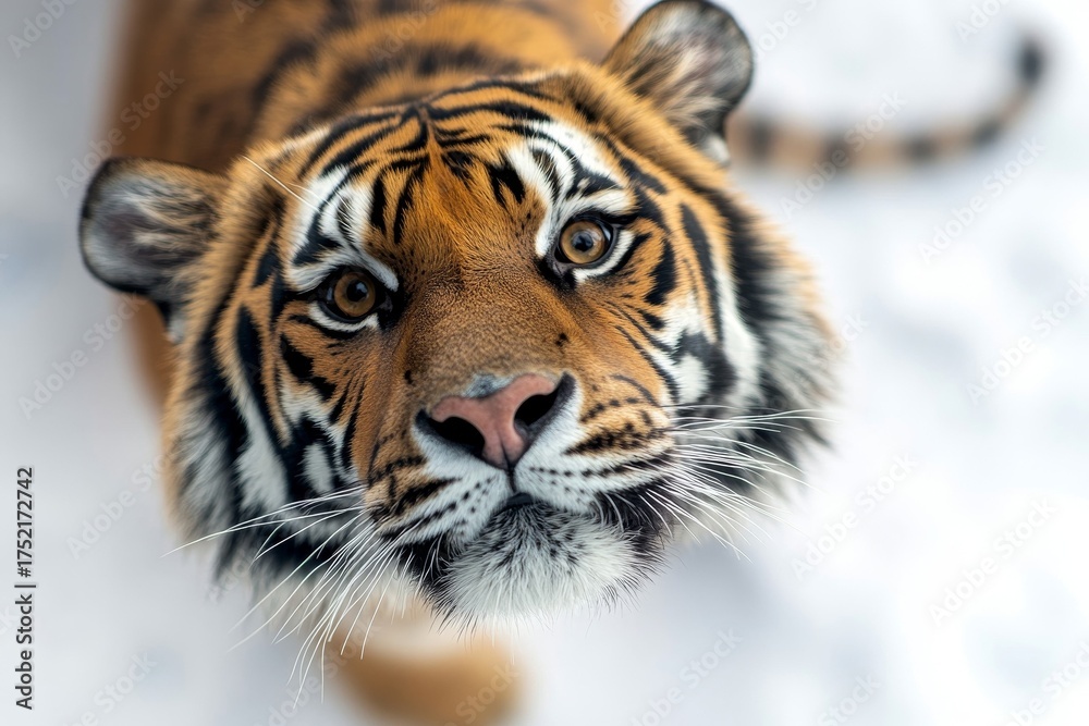 Fototapeta premium Majestic tiger portrait, a captivating glimpse into the wild with striking detail and intense gaze, perfect for nature and wildlife projects