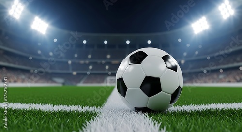 Soccer ball on the field at stadium spotlight