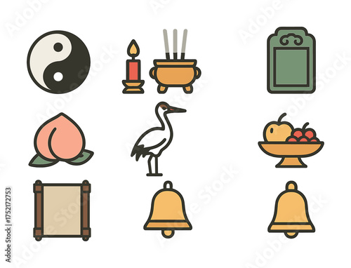 Vector Icon set featuring yin yang, incense holder, peach, crane, fruit bowl, and bells
