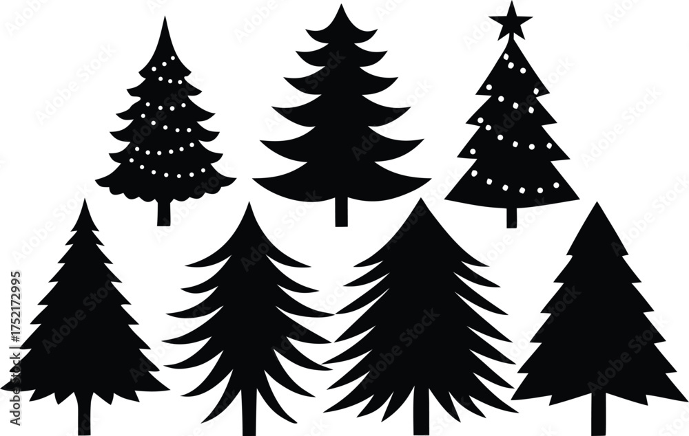 Obraz premium Christmas tree silhouettes vector illustration collection, winter pine shapes, festive fir icons