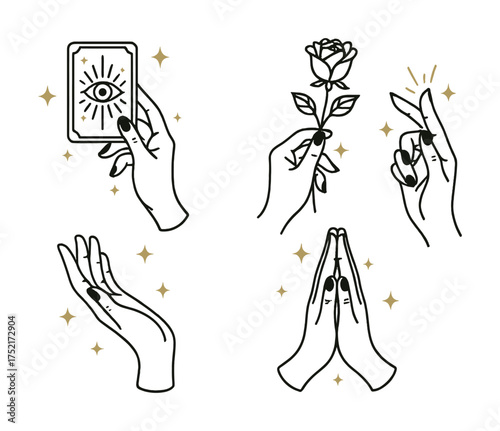 Vector Elegant line art hands with tarot card, rose, crossing fingers, and prayer gesture