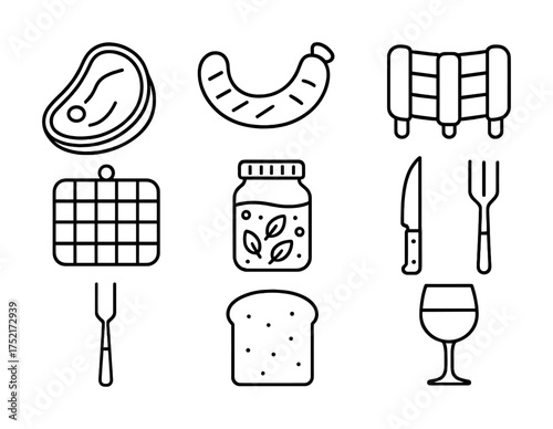 Vector Bbq icons: steak, sausage, ribs, grill, condiments, knife, fork, bread, glass