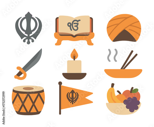 Vector Sikhism symbols: khanda, turban, kirpan, ek onkar, candle, drum, flag, food