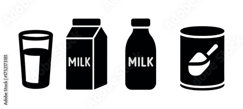 Vector Milk icons: glass, carton, bottle, and can with spoon silhouettes