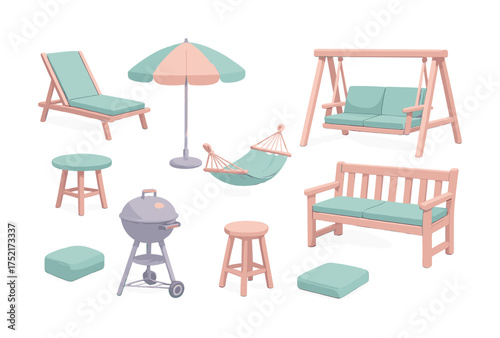Vector Outdoor furniture: lounge chair, swing, grill, hammock, and accessories