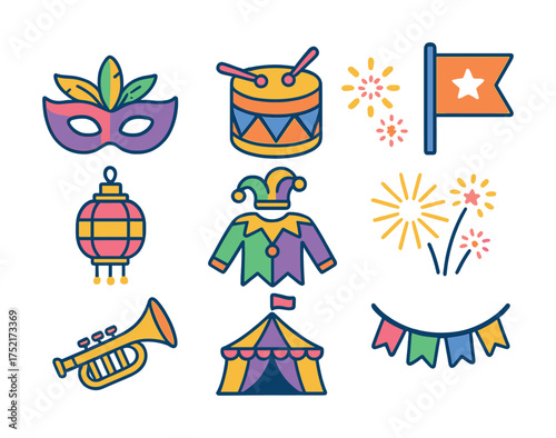 Vector Colorful carnival icons set with mask, drum, lantern, fireworks, and tent