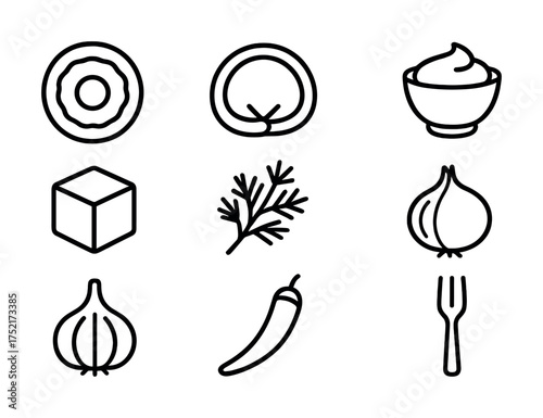 Vector Set of iconic food illustrations including donut, bowl, onion, herb, cube, garlic, chili, fork