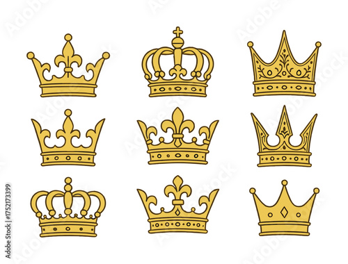 Vector Set of nine golden crowns each with unique designs and ornate details