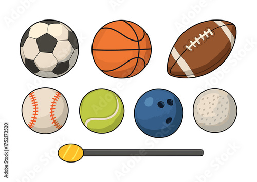 Vector Collection of seven diverse sports balls and cue stick on white background