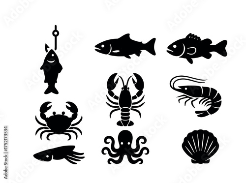 Vector Black and white marine animal silhouettes: fish, shell, crab, lobster, octopus, squid
