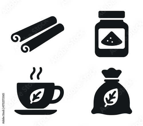 Vector Cinnamon sticks, sugar jar, tea cup, and tea bag icons set in black
