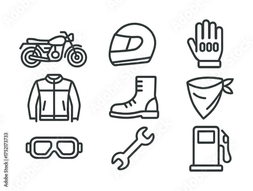 Vector Motorcycle gear and essentials: helmet, gloves, jacket, boots, and tools